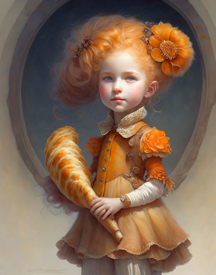 Vibrant painting of young child with orange hair and floral adornments