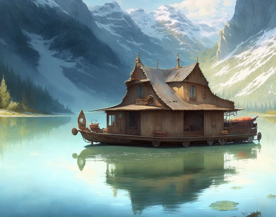 Fantasy artwork: Wooden houseboat on calm lake, mountains, clear sky