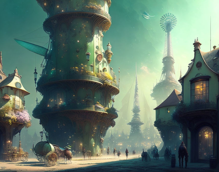 Ornate cityscape with airships, strolling people, and horse-drawn carriage