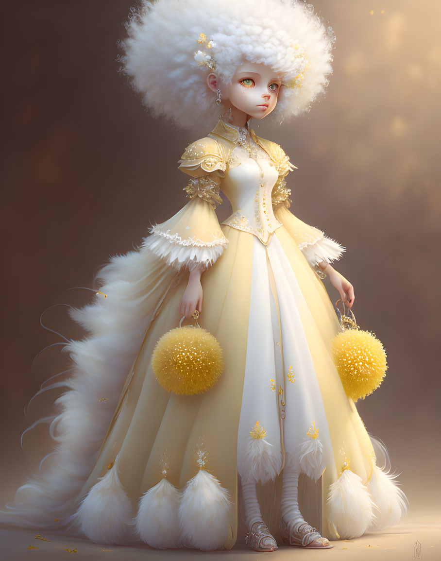 Illustration of person in yellow vintage dress with white fluff and golden accents holding fluffy accessories