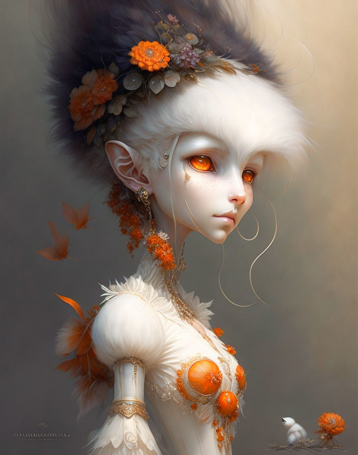 Fantasy illustration of regal humanoid with white fur and golden eyes.