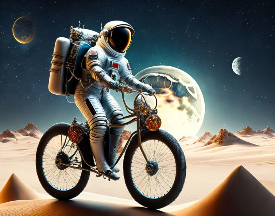 Astronaut biking on sandy alien terrain under moons and planets