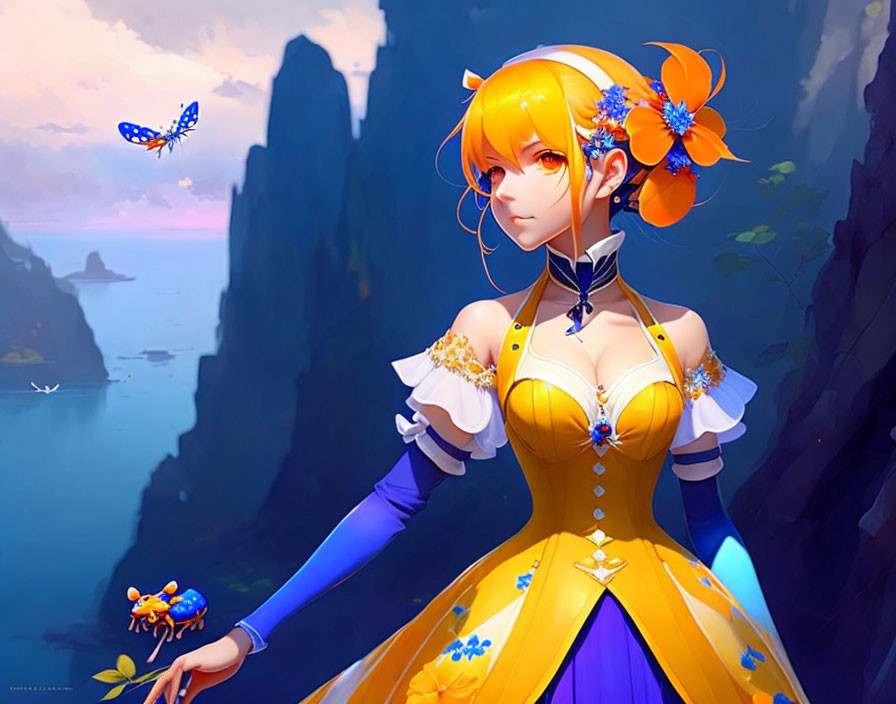 Stylized illustration of female character with golden hair and colorful dress by sea cliff