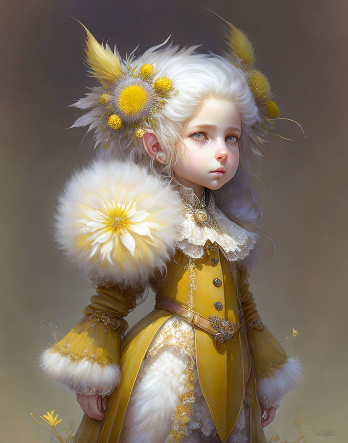 Fantasy illustration of pale child with white hair, adorned with yellow flowers and golden outfit