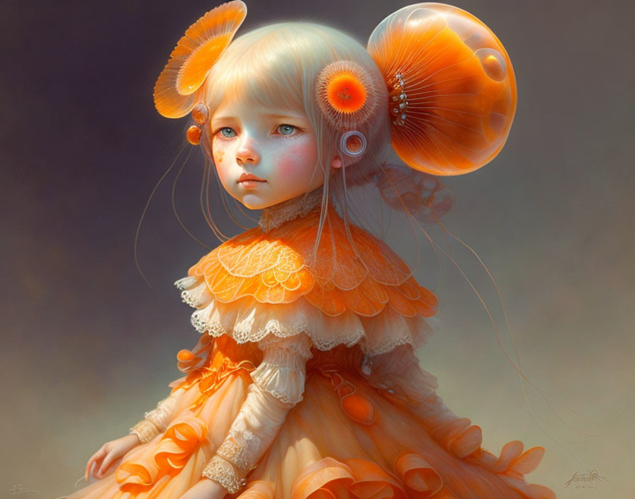 Surreal portrait of young girl with translucent orange wings and ruffled dress