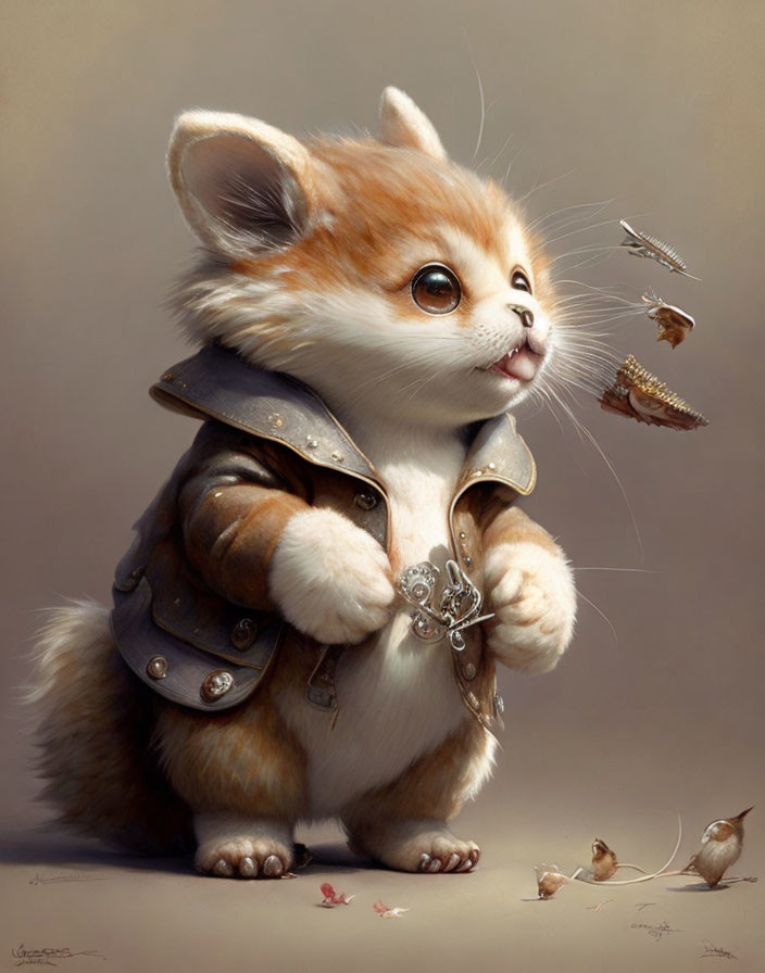 Fantasy illustration of cute kitten in medieval armor with key