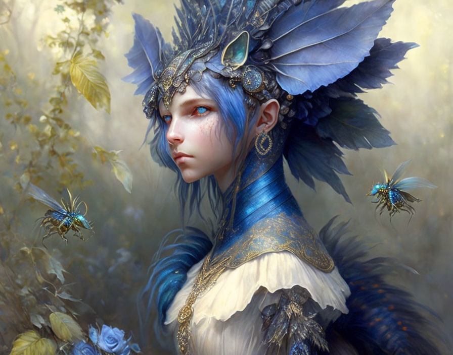 Fantasy Artwork: Blue-skinned figure with feathered headdress in luminous forest.