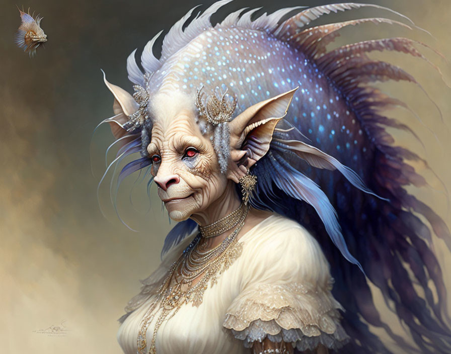 Mythical creature with white-blue skin, large ears, pearl adornments, feathered collar