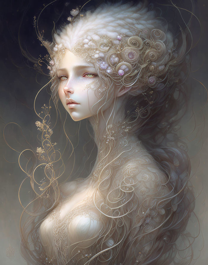 Fantasy illustration of a woman with intricate pale hair and golden filigree.