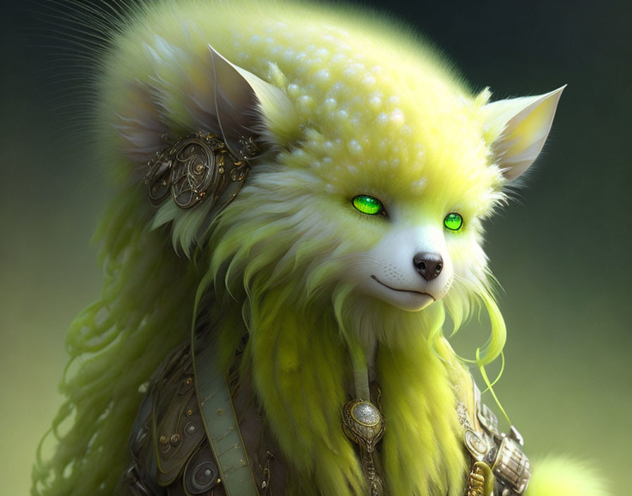 Digital artwork: Mythical yellow fox creature with green eyes and golden armor