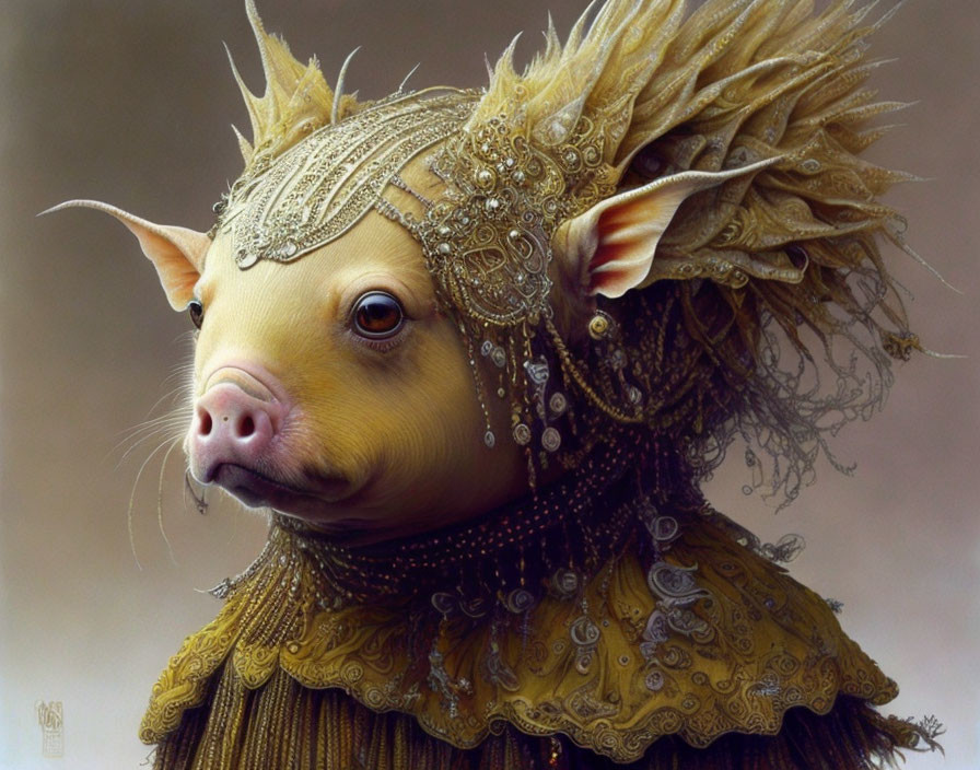 Detailed Pig Illustration in Ornate Golden Headdress & Collar