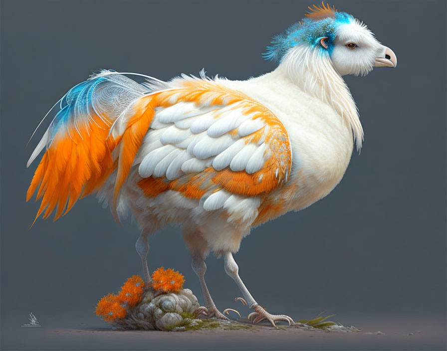 Vivid Orange and White Chicken Creature with Blue Crest Feathers