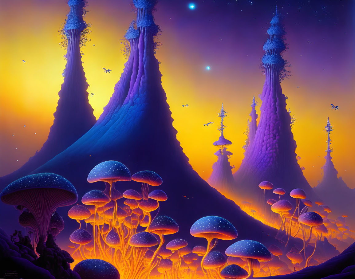 Fantastical landscape with purple trees, starry sky, and glowing blue mushrooms