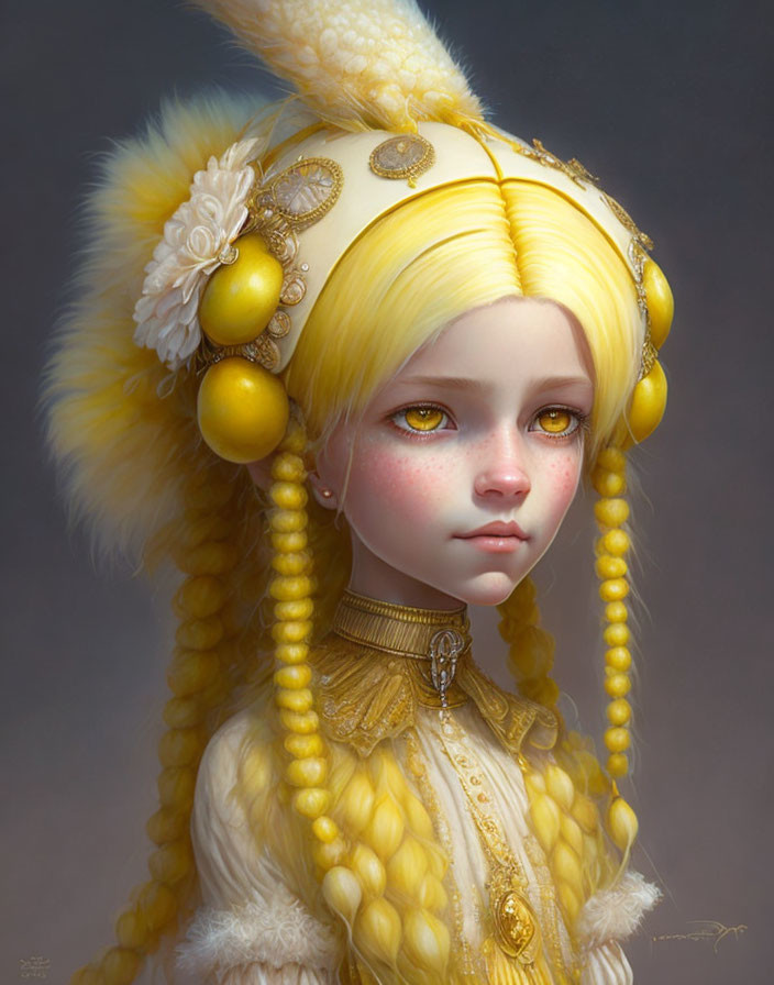 Character portrait with yellow hair, gold accessories, and white outfit with yellow details