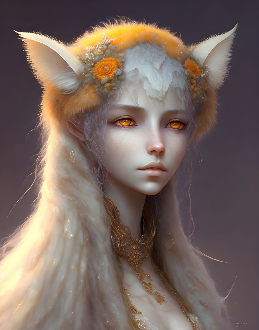 Female fantasy portrait with fox-like ears, amber eyes, orange flowers, and gold jewelry