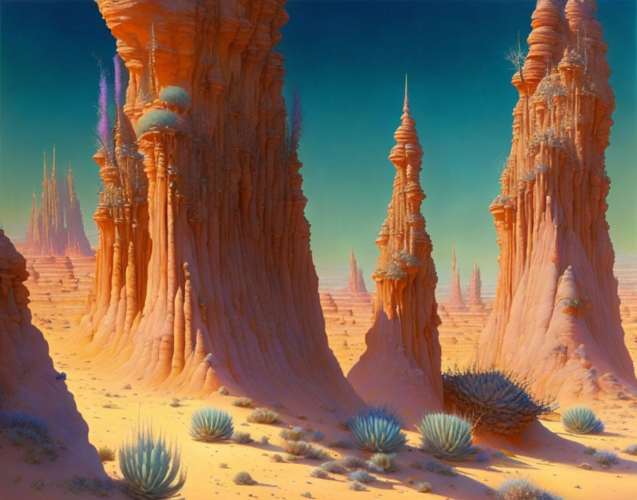 Surreal desert landscape with red rock formations and blue vegetation