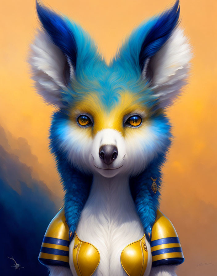 Anthropomorphic blue and white fox in golden armor on orange and yellow backdrop