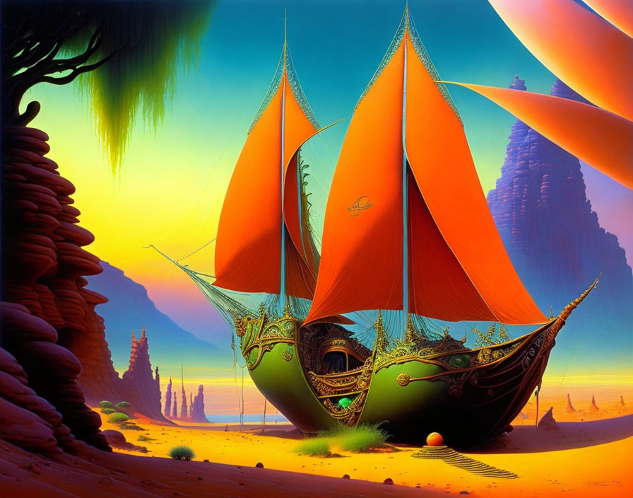 Vibrant green and gold ship stranded in desert with orange sails