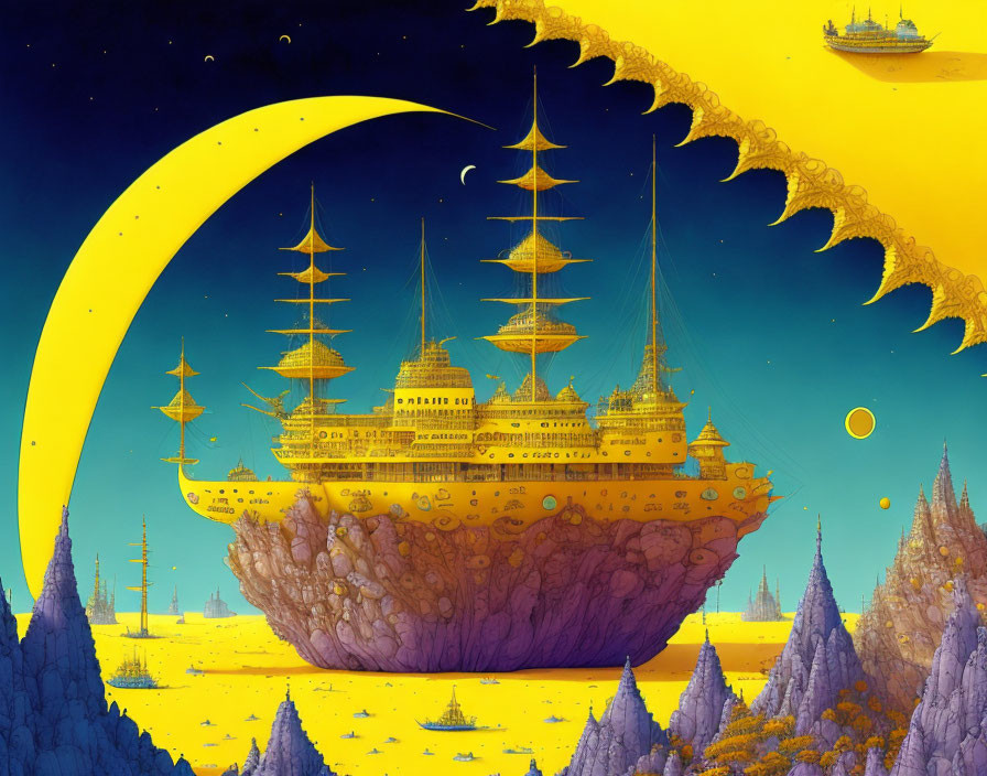 Fantastical ships over alien landscape under crescent moon