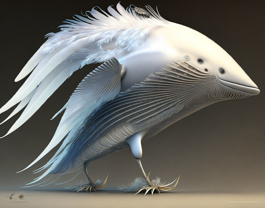 Surreal digital artwork: Bird-like creature with white and blue feather textures