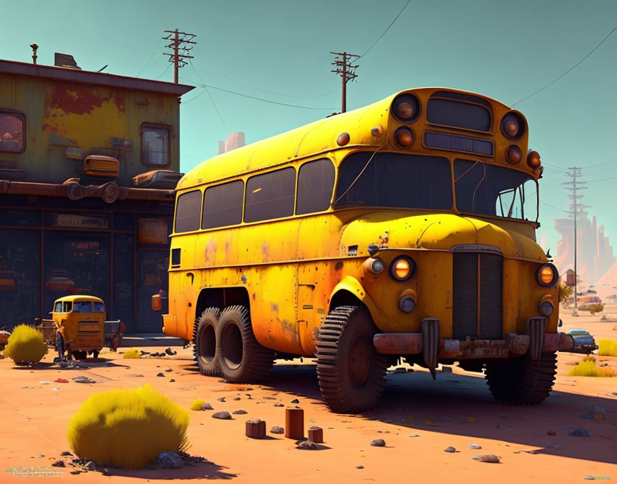 Faded yellow school bus in deserted area with tumbleweeds