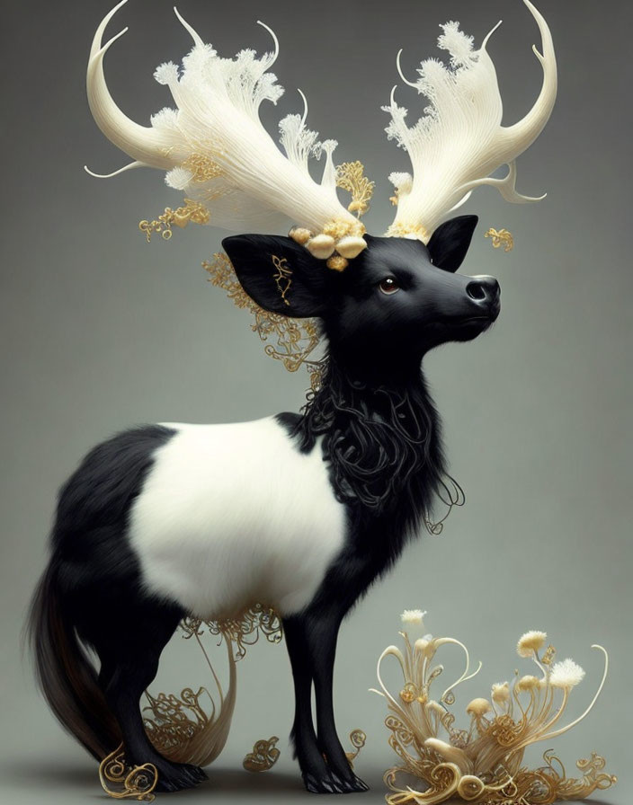 Fantastical creature: black and white dog body, golden antlers, floral decorations