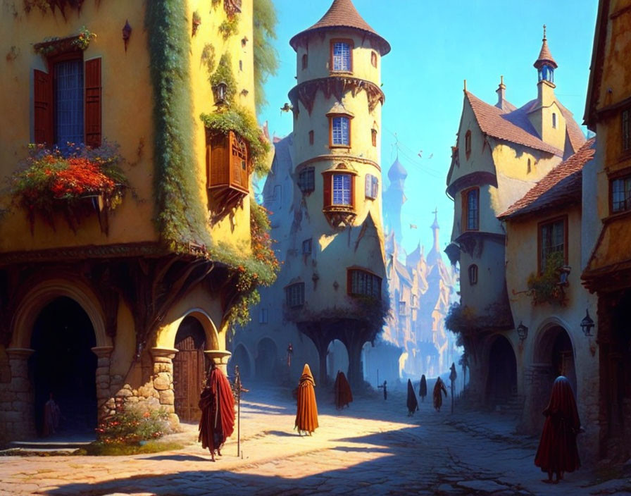 Medieval fantasy village with cobblestone streets and towering stone buildings