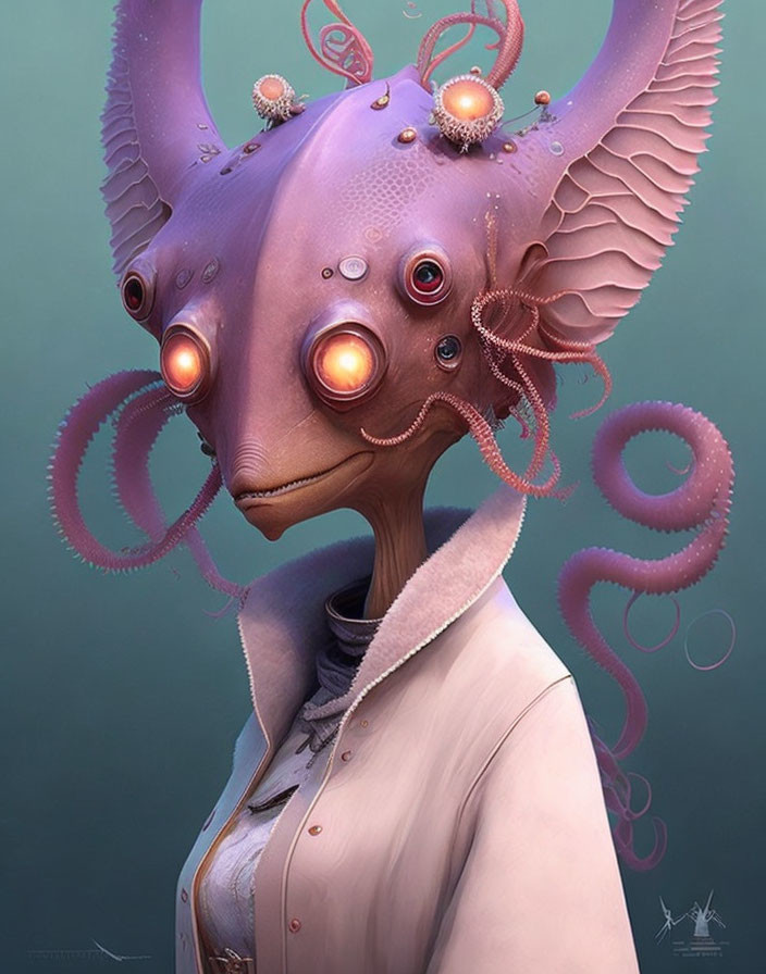 Alien creature with humanoid shape, mauve ears, glowing eyes, and tentacles.