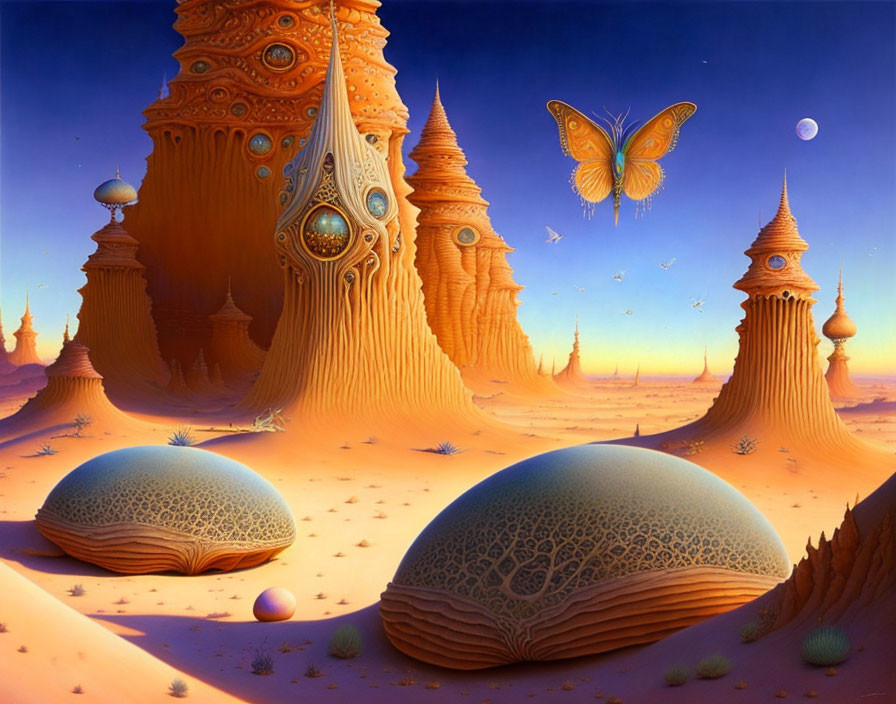 Majestic desert landscape with towering rock formations and butterfly-like creatures at twilight