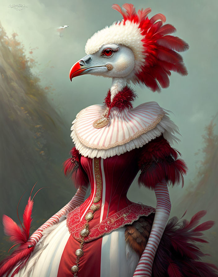 Regal anthropomorphic bird in red and white gown