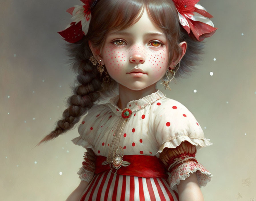 Young girl with braided hair in red and white dress, pensive expression