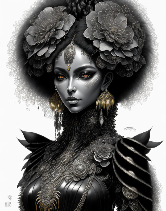 Detailed illustration of woman in ornate black and gray attire with floral headpieces, gold earrings, and