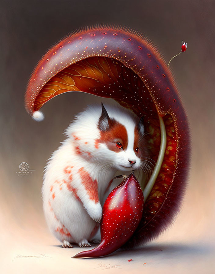 Whimsical white and reddish-brown cat under giant mushroom