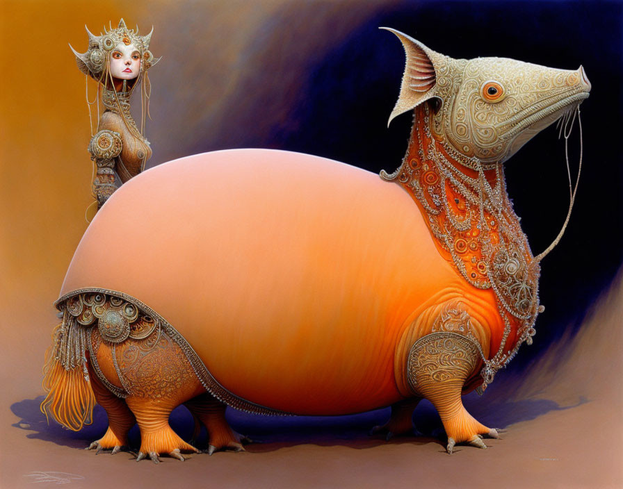 Large ornate creature with orange oval body and small figure in surreal artwork