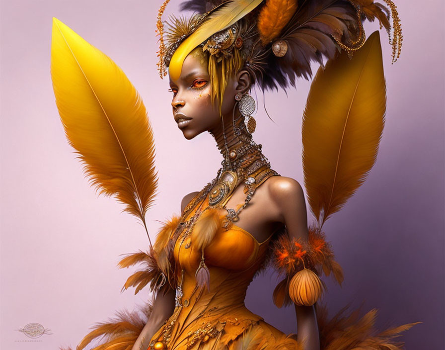 Fantasy digital artwork of golden-skinned female character with yellow feathers and intricate jewelry