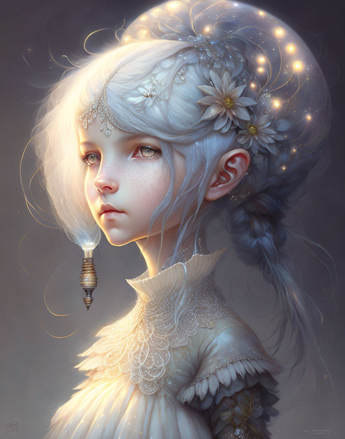 Digital artwork featuring pale-skinned girl with white hair, braided, glowing flowers, freckles