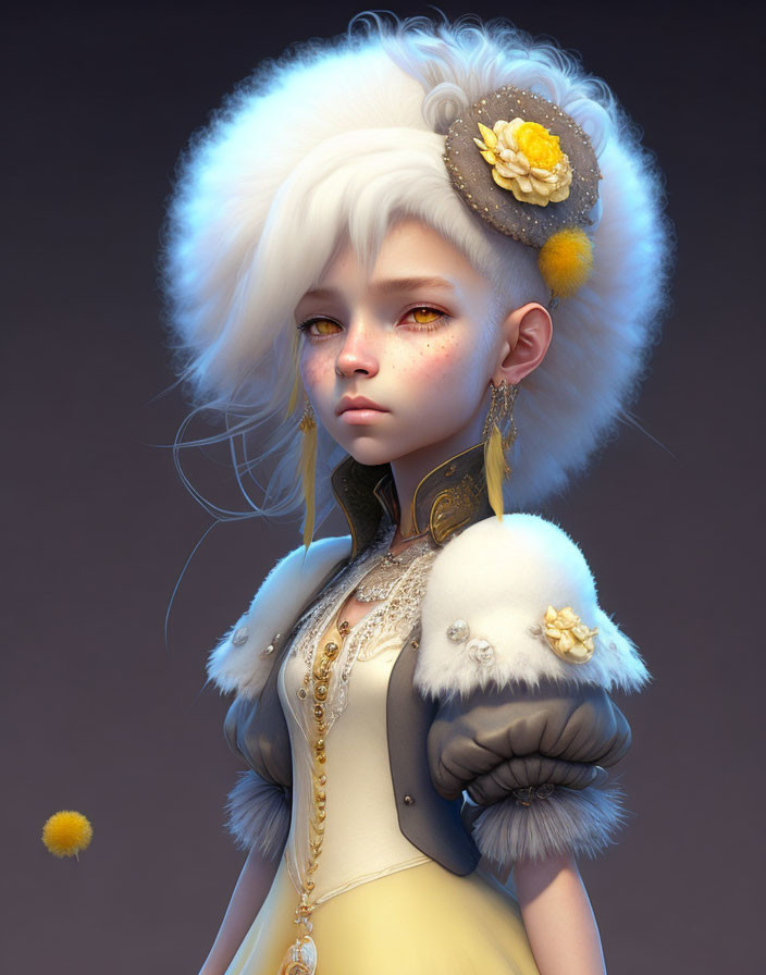 Illustrated character with white fluffy hair, golden eyes, yellow flower hairpiece, white and gold outfit