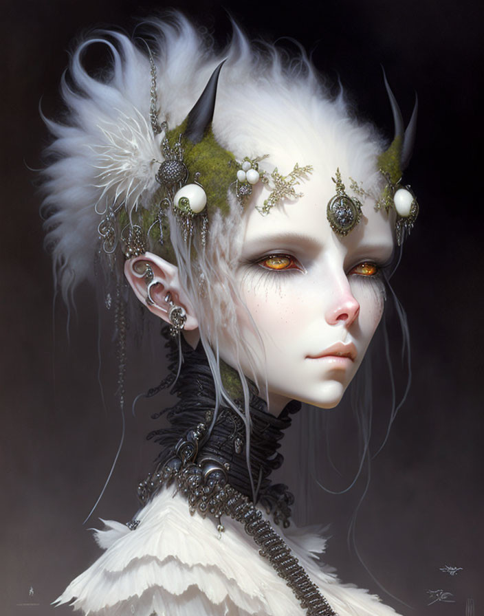 Fantasy creature digital artwork: pale skin, gold eyes, black horns, feather adornments, intricate