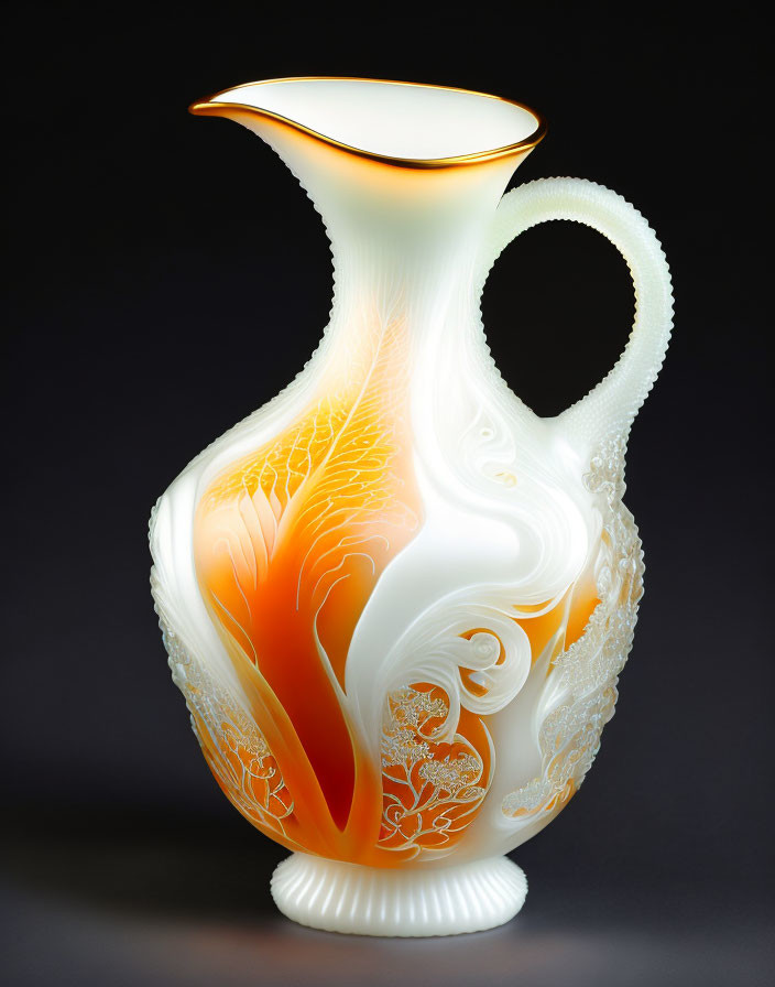 White and Orange Swirling Art Glass Pitcher with Curved Handle