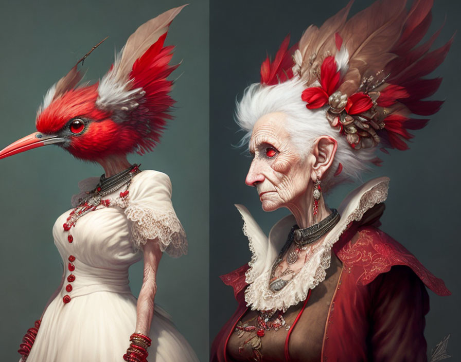 Artistic portraits blend senior woman features with red bird in white and red attire.