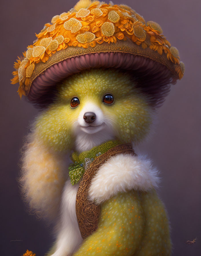 Fluffy yellow-green anthropomorphic creature with large eyes and ornate orange hat.