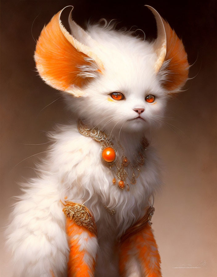 Regal creature with white fluffy coat and orange accents.