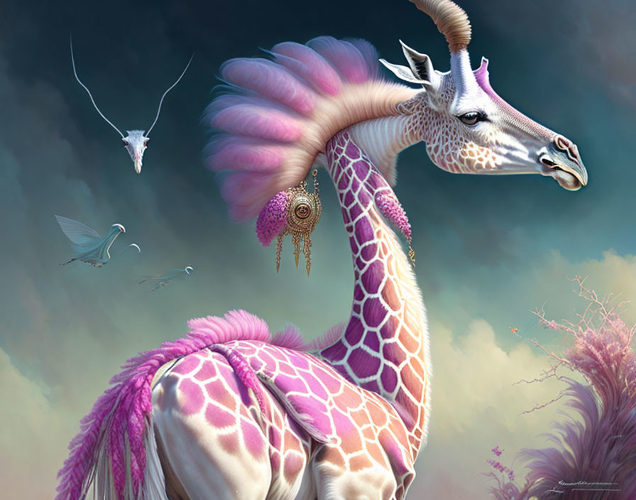 Fantastical giraffe with pink plumage and jeweled neck in dreamy sky