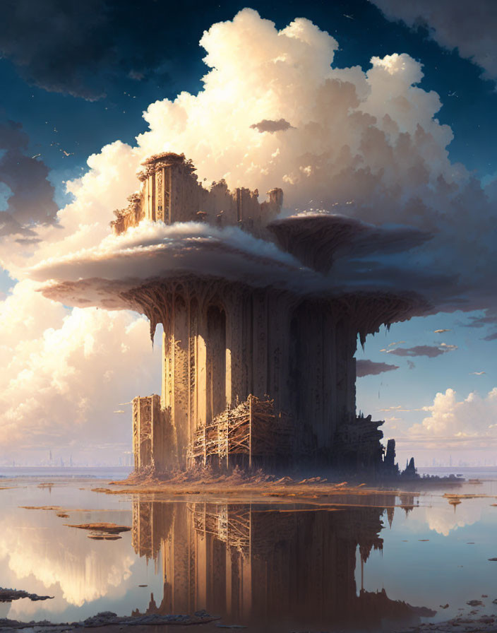 Fantastical ancient temple on colossal mushroom reflected in serene water