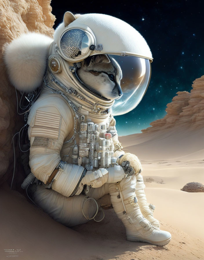 Raccoon-headed astronaut gazes over alien rocky desert