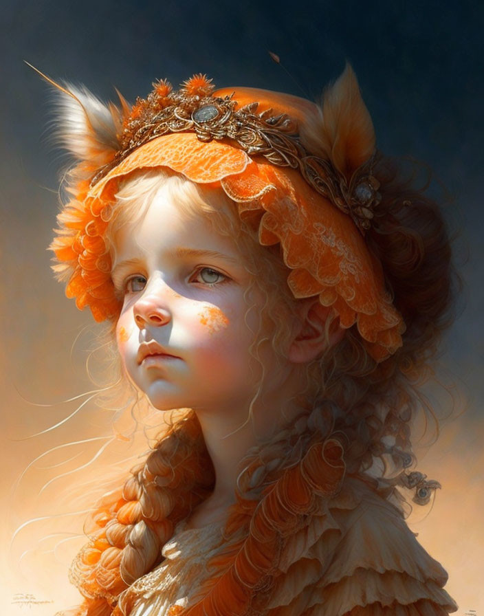 Whimsical fox-themed headdress on young girl in intricate orange attire