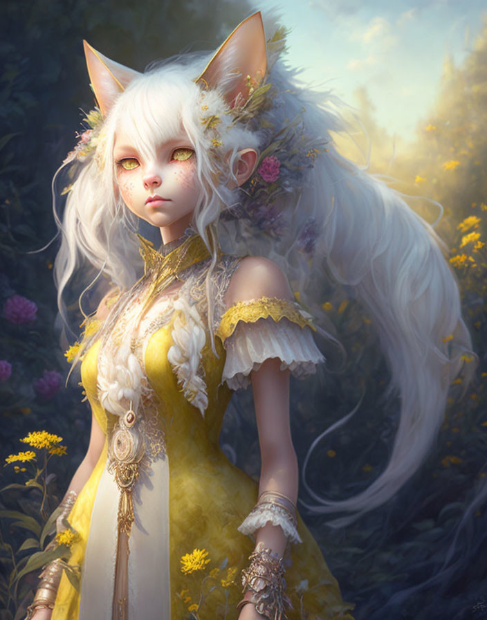 Fantasy illustration of female character with cat-like ears in ornate yellow dress