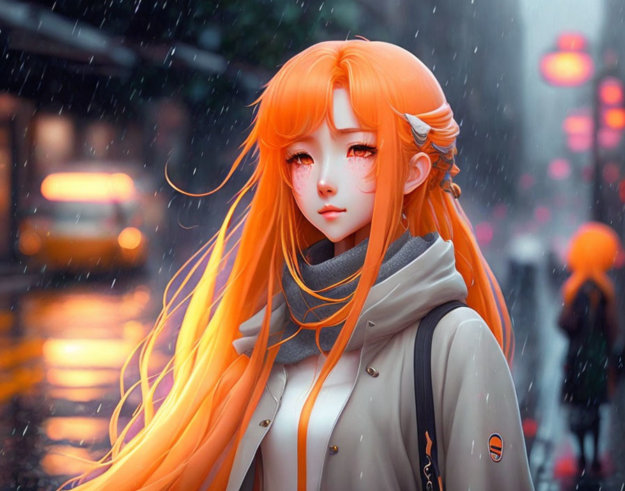 Digital illustration: Woman with orange hair and elfin ears in rain with city lights.