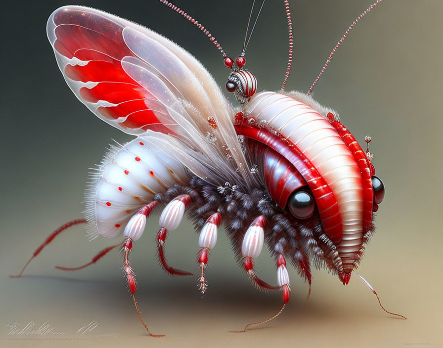 Surreal digitally-rendered creature with ladybug shell and mechanical features