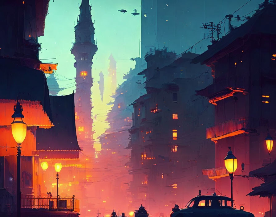 Futuristic cityscape at dusk: towering buildings, glowing streetlights, hazy orange sky